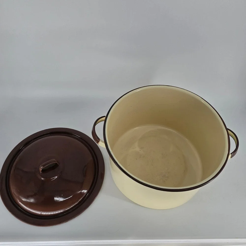 Vintage Enamelware Stock Pot Cream Brown Enamel Large Soup Pot with Lid 10.5in‎
